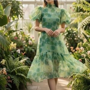 A360 Nancy Whimsical Green Floral Maxi Dress Puff Sleeve Back BowTie NWT M